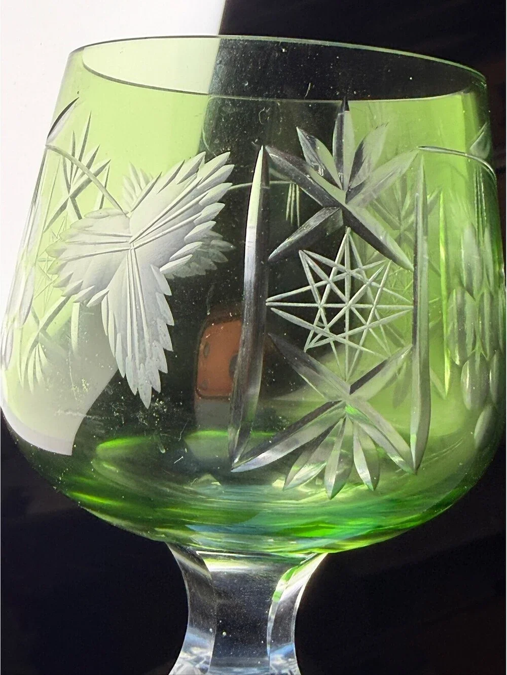 Ajka Green Cut Crystal Wine Goblets Grapes Pattern Set of 4 Hungary F-12